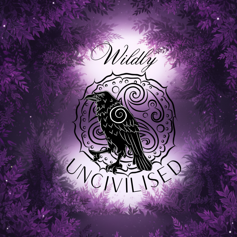 Wildly Uncivilised logo featuring a black raven in Celtic-inspired linework, standing before a circular knot work emblem, set against a deep purple wilderness background of layered foliage. The words ‘Wildly’ above and ‘UNCIVILISED’ below frame the raven.