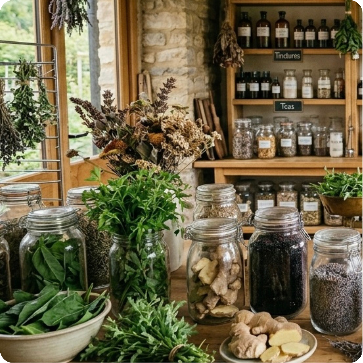 Rustic botanical workshop with shelves of herbs, tinctures and natural ingredients, representing the creative space behind Wildly Uncivilised.