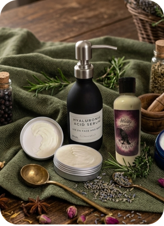 Collection of handmade skincare products created for personal use, including a hyaluronic acid serum, botanical lotion and face cream, displayed with herbs, lavender, rosemary and traditional apothecary styling.
