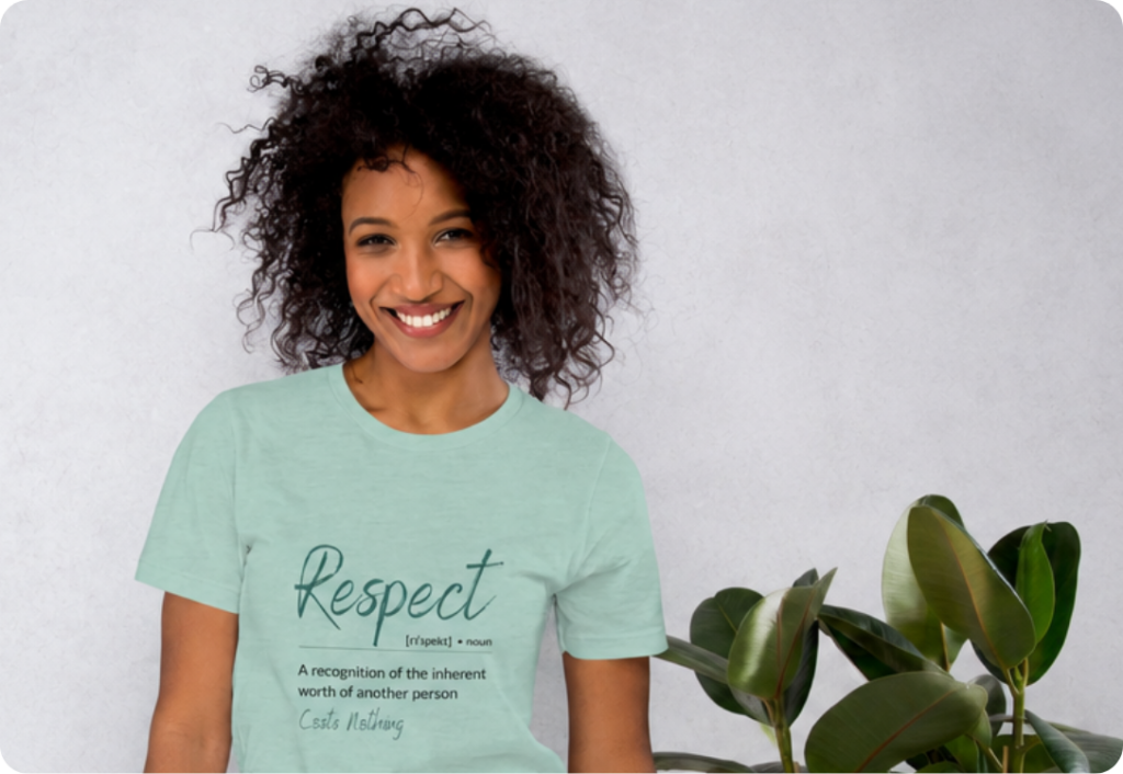 Model wearing the Wildly Uncivilised "Respect Costs Nothing" definition-style graphic T-shirt.